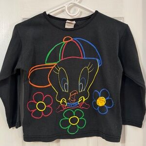 Vintage Looney Tunes 1997 Girl Black with 3D Multicolored Tweety Long Sleeve Tee